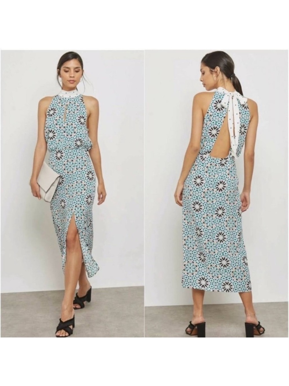 Topshop Blue Floral Halter Midi Dress with Back Tie Size 4 NWT